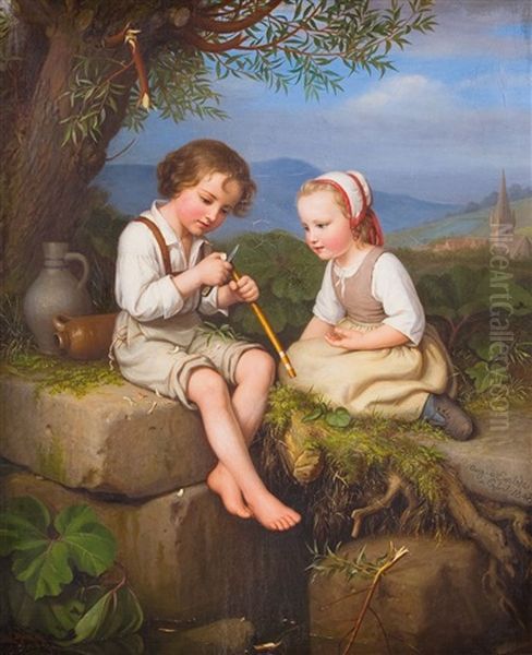 Knabe Und Schwesterchen Beim Spiel Oil Painting by August von der Embde