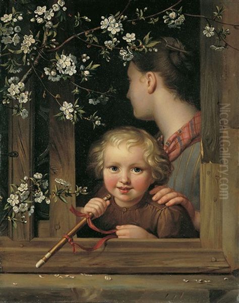 Kind Und Madchen In Einem Weinlaubumrankten Fenster Oil Painting by August von der Embde