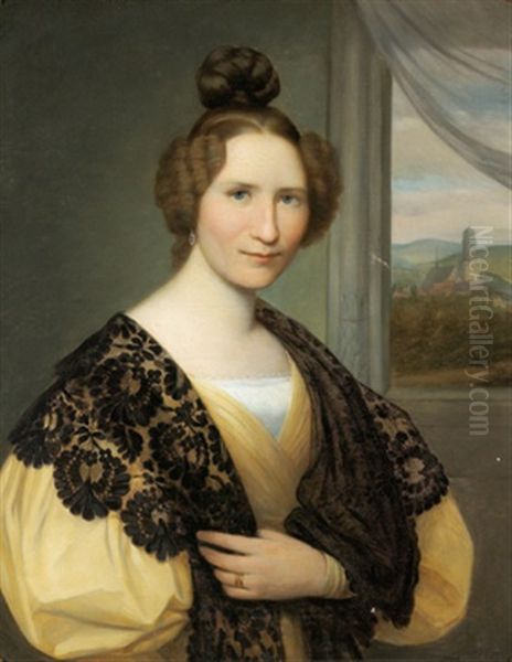 Portrat Von Fraulein Johanna Schaumburg Mit Schwarzem Spitzentuch Vor Einem Fenster Mit Durchblick Auf Die Martinskirche In Kassel Oil Painting by August von der Embde