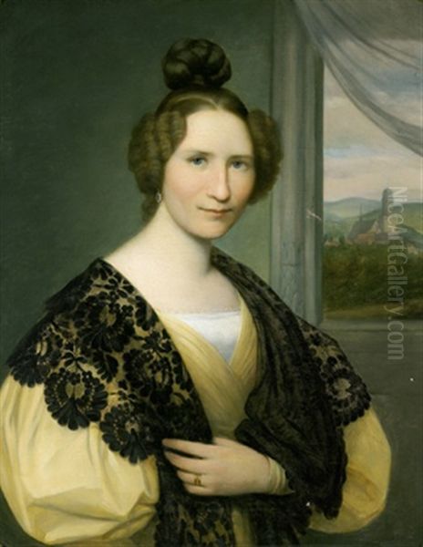 Portrat Von Fraulein Johanna Schaumburg Mit Schwarzem Spitzentuch Vor Einem Fenster Mit Durchblick Auf Die Martinskirche In Kassel Oil Painting by August von der Embde