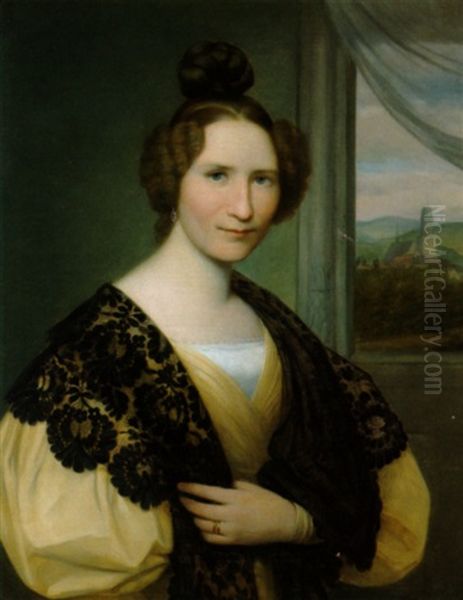 Portrat Von Fraulein Johanna Schaumburg Mit Schwarzem Spitzentuch Vor Einem Fenster Mit Durchblick Auf Die Martinskirche In Kassel Oil Painting by August von der Embde