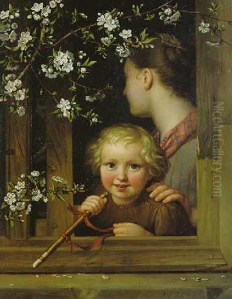 Kind Und Madchen In Einem Weinumrankten Fenster Oil Painting by August von der Embde