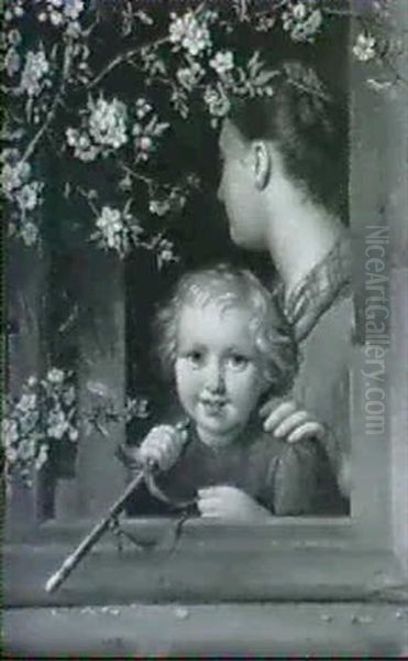 Mutter Und Kind Mit Holzpfeifchen Am Offenen Fenster, In Dasbluhende Obstbaumzweige Ragen Oil Painting by August von der Embde