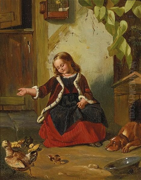 Kleines Madchen Futtert Die Huhnerkuken Vor Dem Stall Oil Painting by Emilie von der Embde