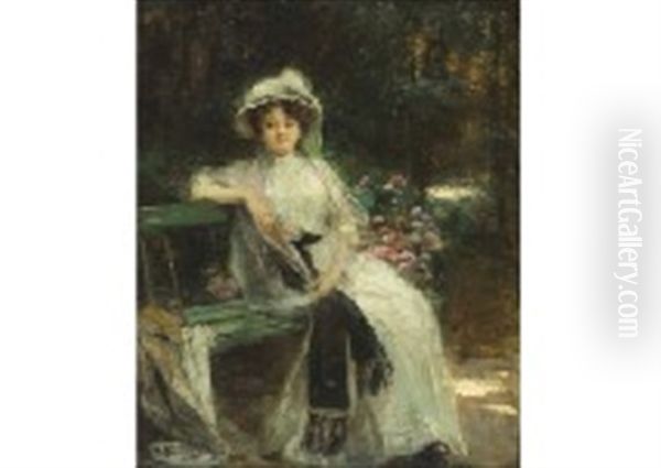 Femme Assise Banc Oil Painting by Adrien Henri Vital van Emelen