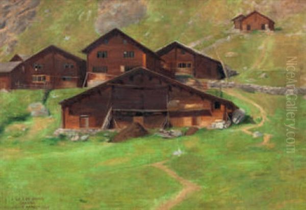 Alplandschaft Mit Bauernhausern Oil Painting by Hans Emmenegger