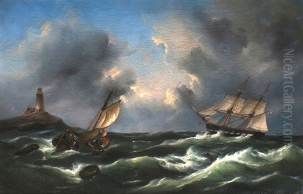 Hamburger Zweimaster Vor Einem Leuchtturm Oil Painting by Govert Van Emmerik