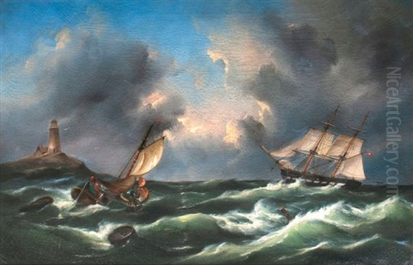 Hamburger Zweimaster Vor Einem Leuchtturm Oil Painting by Govert Van Emmerik