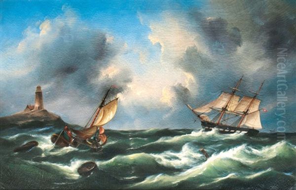 Hamburger Zweimaster Vor Einem Leuchtturm Oil Painting by Govert Van Emmerik