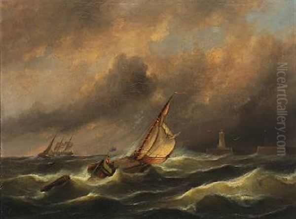 A Dutch Sailing Boat In Rough Sea Outside Port Oil Painting by Govert Van Emmerik