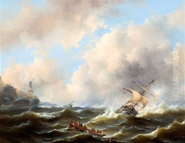 Schepen Op Woeste Zee Voor Een Rotskust Oil Painting by Govert Van Emmerik