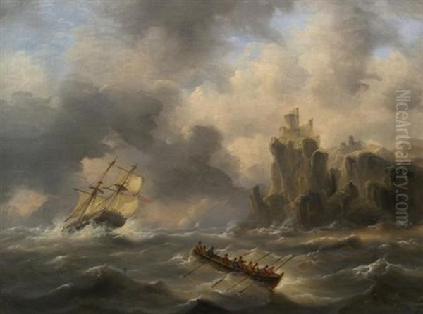 Ships On Stormy Water Oil Painting by Govert Van Emmerik