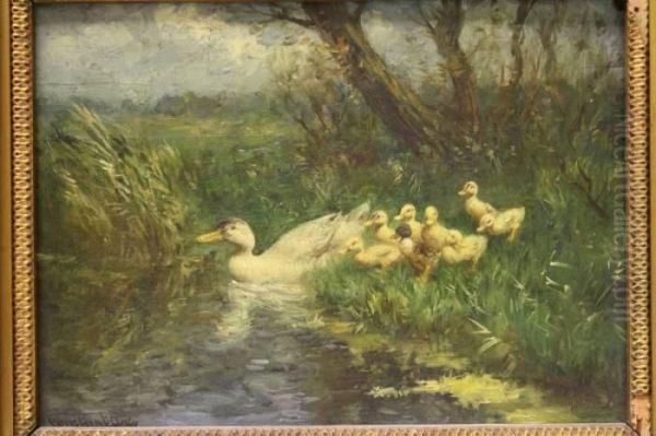 Eend Met Kuikens Aan De Slootkant Oil Painting by David Adolf Constant Artz