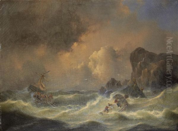 A Ship In Distress Oil Painting by Govert Van Emmerik