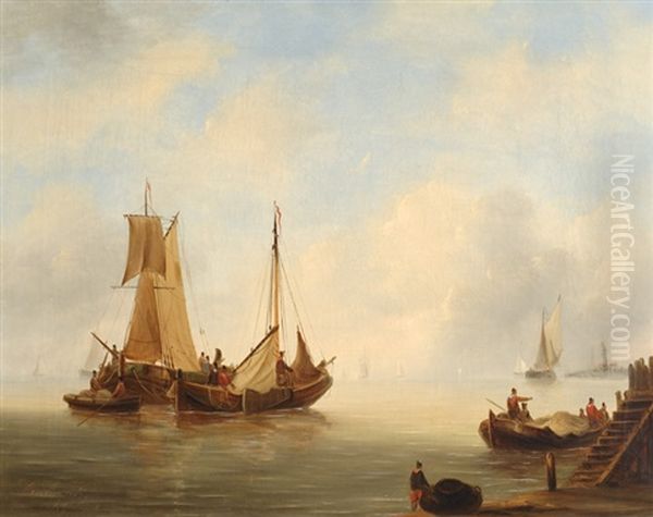 Ships In Calm Waters (+ Ships On A Stormy Sea; 2 Works) Oil Painting by Govert Van Emmerik