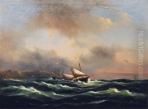 Turkish Dhow And Two Three-masters Offshore Oil Painting by Govert Van Emmerik