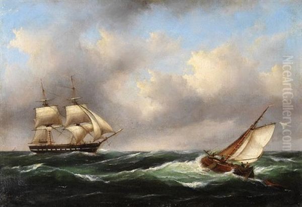 Brigg Und Frachtsegler Auf Hoher See Oil Painting by Govert Van Emmerik