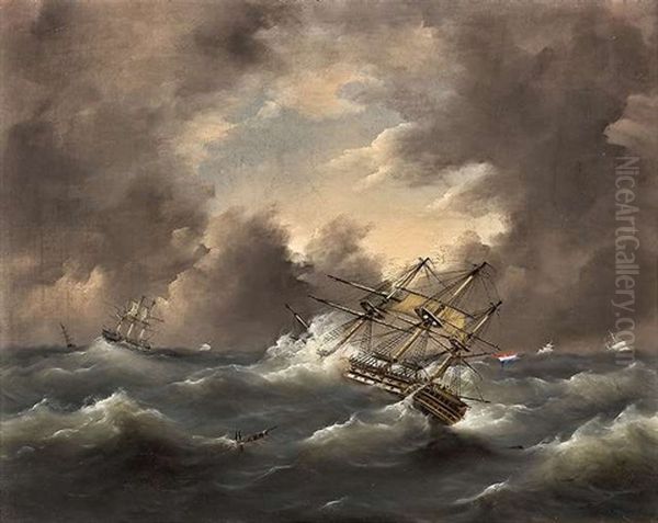 Dreimaster In Aufgewuhlter See Unter Stark Bewolktem Himmel Oil Painting by Govert Van Emmerik