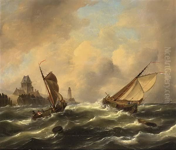 Sailing Vessels Off The Coast Oil Painting by Govert Van Emmerik