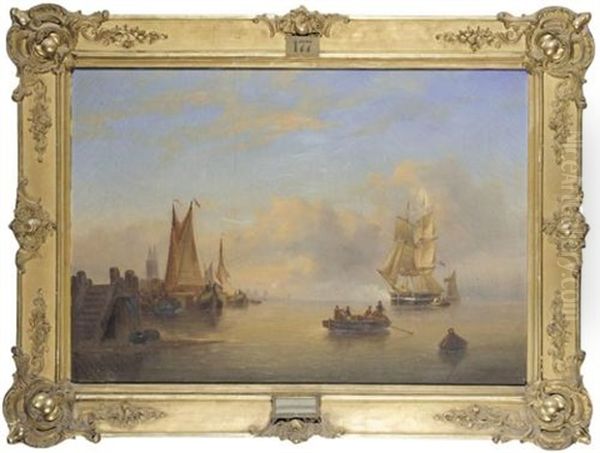 Fishing Boats And A Sailing Ship Off The Dutch Coast (fischerboote Und Ein Segelschiff Vor Der Hollandischen Kuste) Oil Painting by Govert Van Emmerik