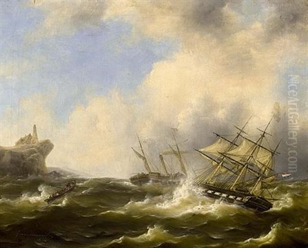 A Three Master In Distress Oil Painting by Govert Van Emmerik