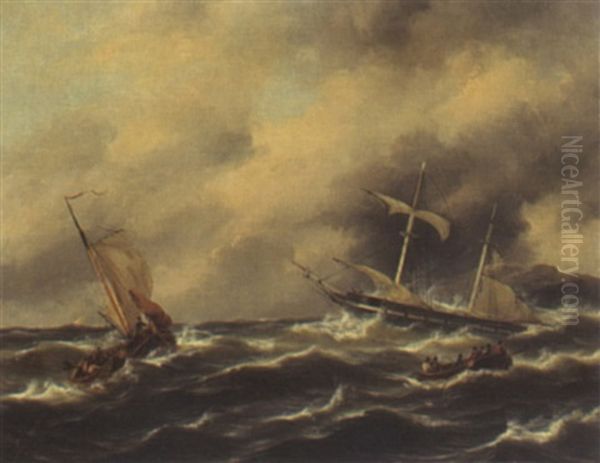 Ships On Rough Seas Oil Painting by Govert Van Emmerik