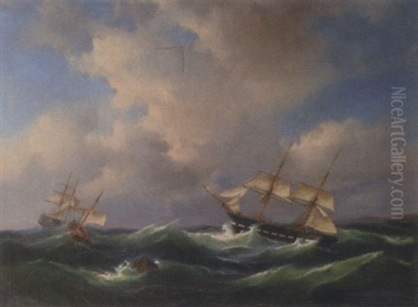 Sailing Vessels On A Rough Sea Oil Painting by Govert Van Emmerik