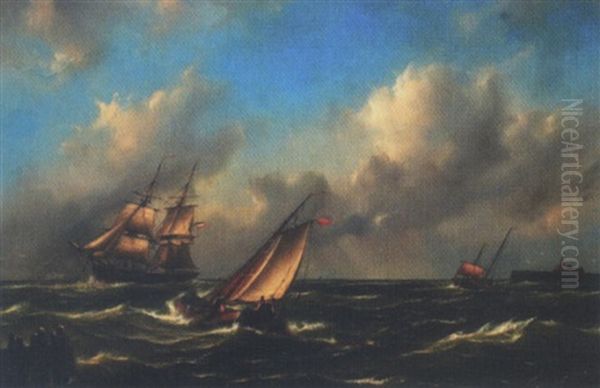 Marine Med Sejlskibe Udfor Kyst Oil Painting by Govert Van Emmerik