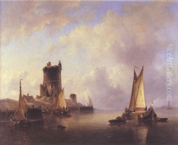 Dutch Fishing Vessels In A Calm Beside A Harbour Oil Painting by Govert Van Emmerik