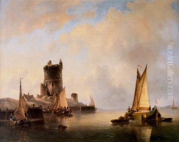 Dutch Fishing Vessels In A Calm Beside A Harbour Oil Painting by Govert Van Emmerik