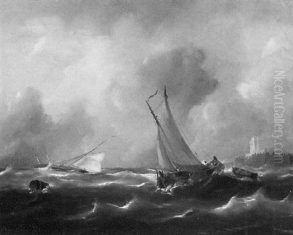 Ships On A Stormy Sea Off A Quay Oil Painting by Govert Van Emmerik