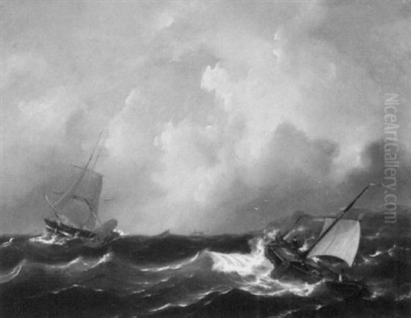 Ships On A Stormy Sea Off A Coast Oil Painting by Govert Van Emmerik