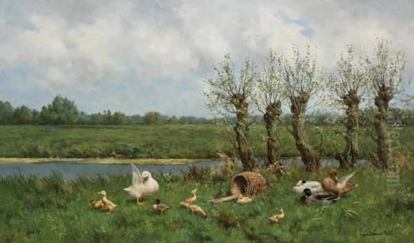 Ducks By The Water's Edge Oil Painting by David Adolf Constant Artz