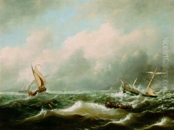 Sailing Vessels On A Choppy Sea Oil Painting by Govert Van Emmerik