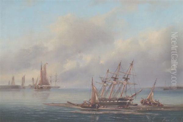 Sejlskibe Ud For Et Havneindlob, I Forgrunden Strandet Tremaster Oil Painting by Govert Van Emmerik