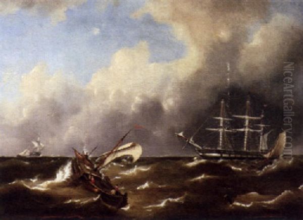 Ships On Stormy Seas Oil Painting by Govert Van Emmerik