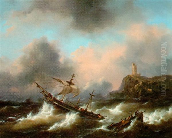 Ships In Rough Seas Off Coast Oil Painting by Govert Van Emmerik