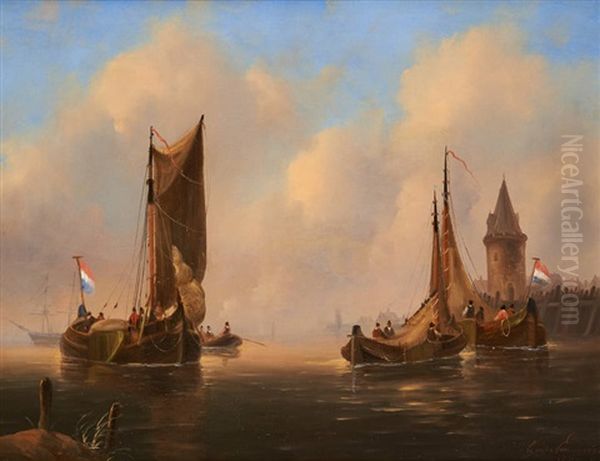 Barques De Peche Au Coucher Du Soleil Oil Painting by G. van Emmerson