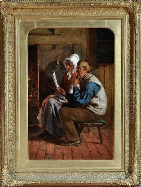 Reading The Queen's Letter (an Elderly Pitman And His Wife Seated At A Fireside) (study) Oil Painting by Henry Hetherington Emmerson