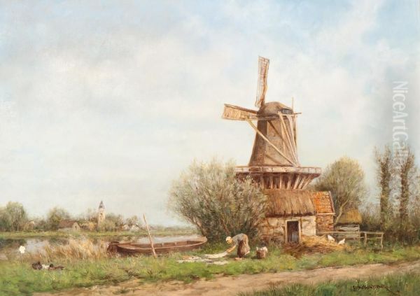 Bleaching The Laundry By The Mill Oil Painting by David Adolf Constant Artz