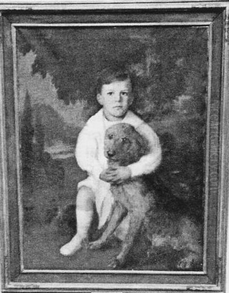 Portrait Of A Young Boy Depicted In A Landscape With White Suit And Airedale by Lydia Field Emmet