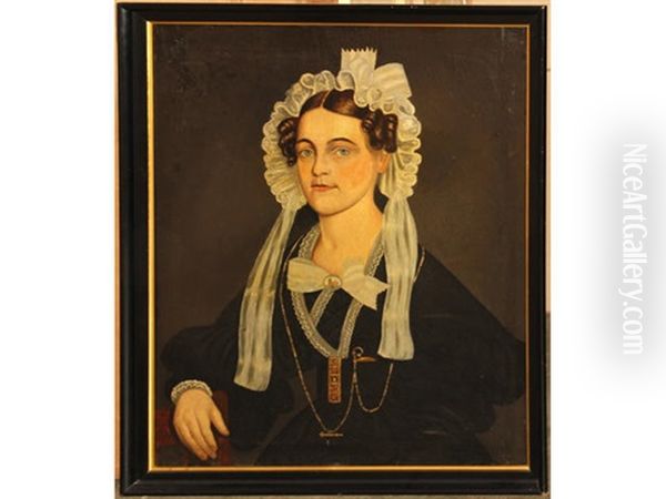 A Portrait Of A Woman Wearing A Lace Bonnet With Bow Oil Painting by Alexander Hamilton Emmons