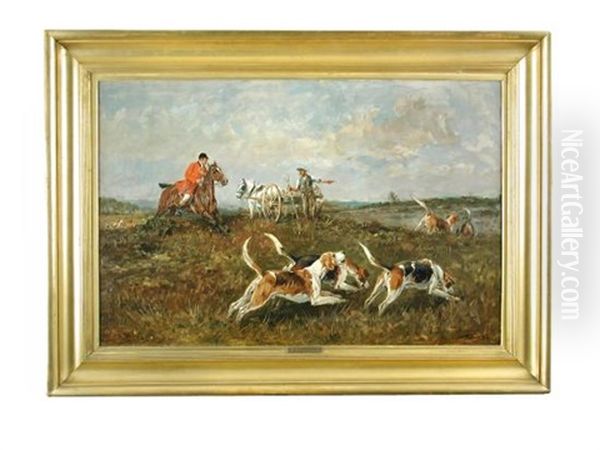 A Farmer With A Pony Trap Directing A Huntsman On The Path Of A Fox Oil Painting by John Emms