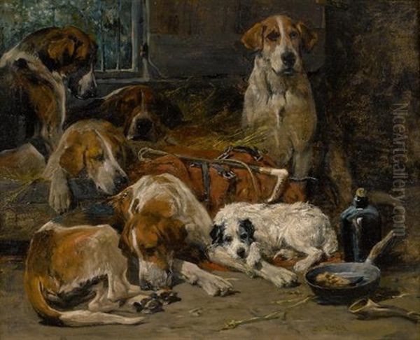 New Forest Buckhounds And A Terrier In Their Lodges by John Emms