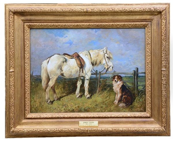 Saddled Grey Pony And A Seated Collie By A Gate Oil Painting by John Emms