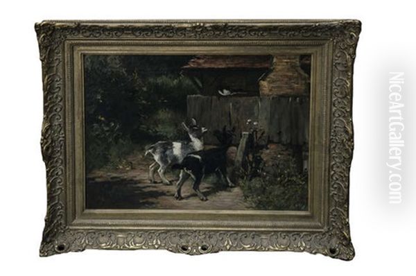 Two Goats And A Magpie Oil Painting by John Emms