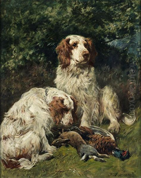 Two Clumber Spaniels With Game In A Landscape Oil Painting by John Emms