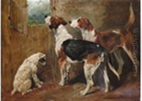 Hounds And Terrier In A Stable by John Emms