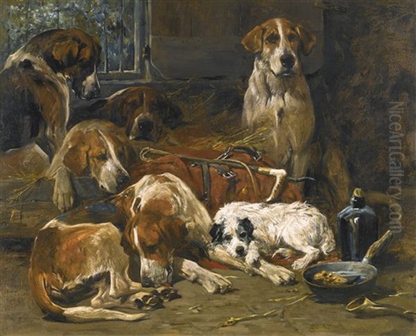 New Forest Buckhounds And A Terrier In Their Lodges After The Hunt Oil Painting by John Emms