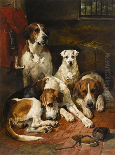 Hounds And A Terrier In A Kennel Oil Painting by John Emms